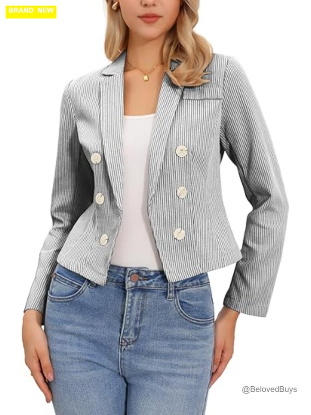 Fitted Blazer Notch Lapel Open Front Crop Striped Office Suit Jacket